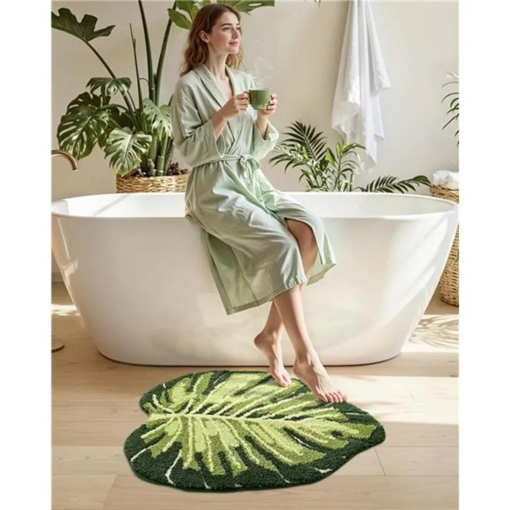 Leaf Bathroom Rug Green Monstera Bath Mat Soft Fluffy Non Slip Washable 24x32